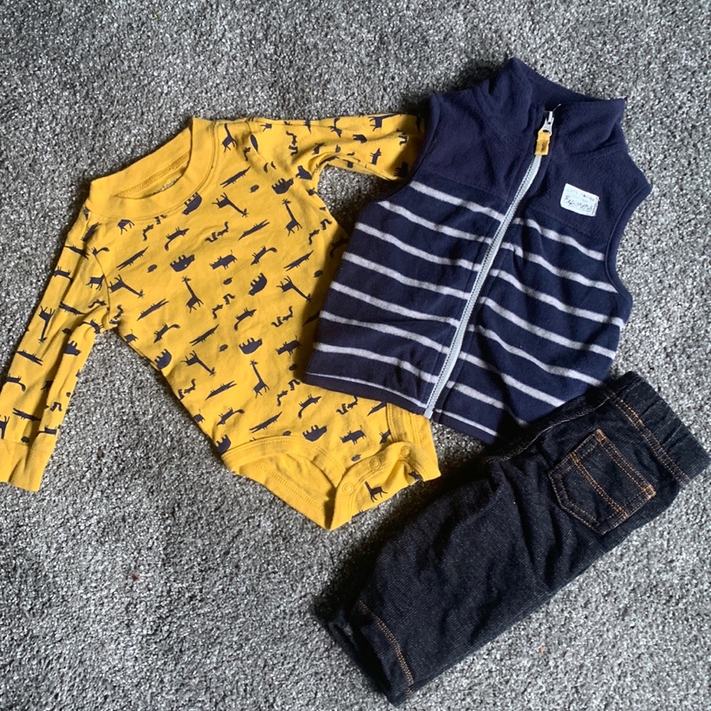 6m Boy Dinosaur Vest Yellow Striped Outfit 3 Piece